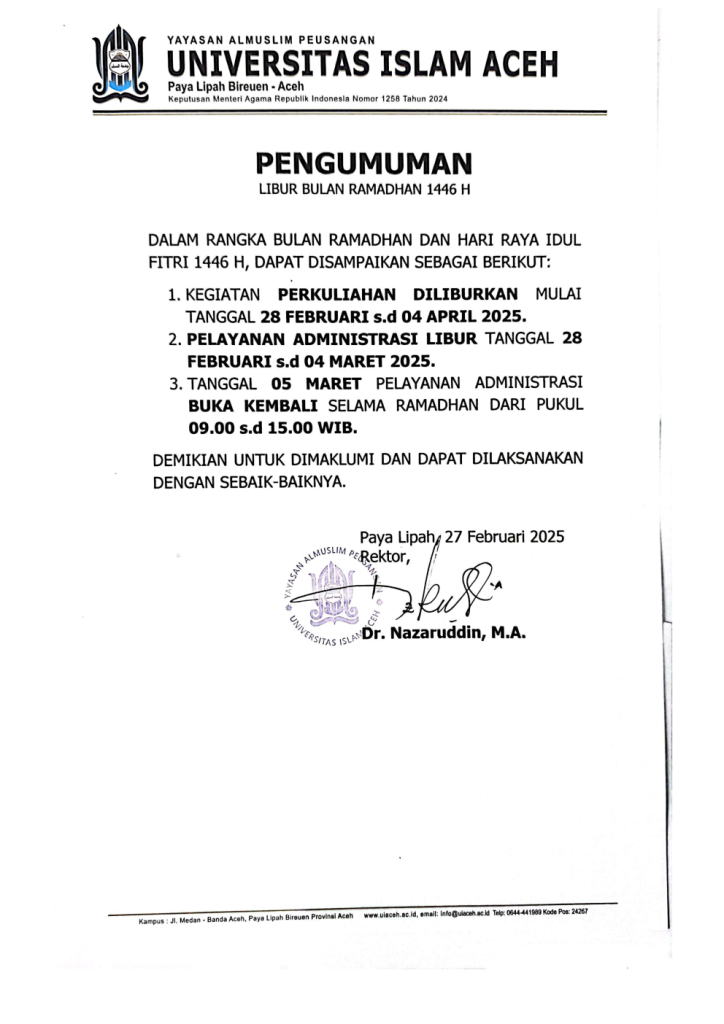 PENGUMUMAN Libur Puasa Ramadan 1446 H