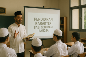 Seorang guru sedang memberikan pengajaran di dalam kelas (Ilustrasi AI)